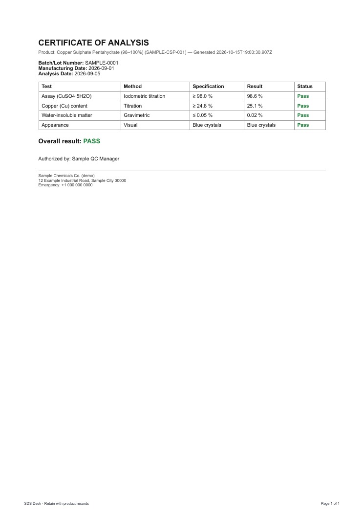 First page of the sample Certificate of analysis (COA)