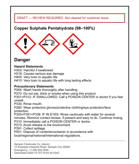 First page of the sample GHS hazard label