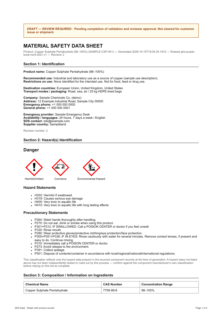 First page of the sample MSDS format