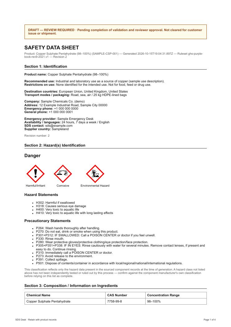 First page of the sample Safety data sheet (SDS)