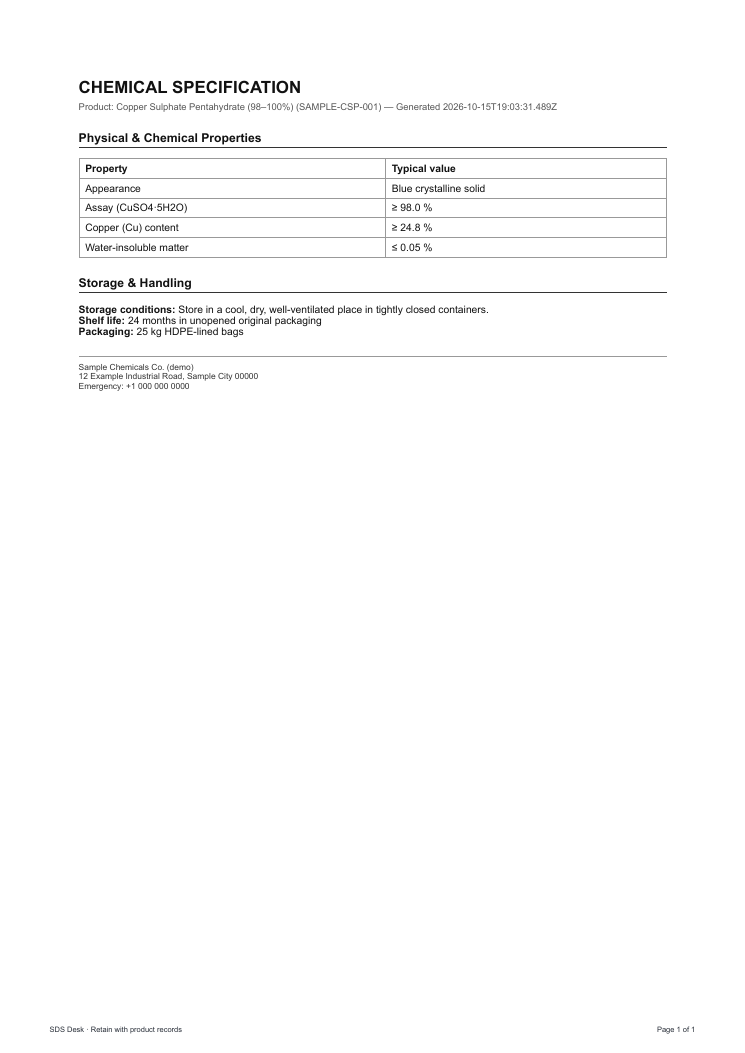 First page of the sample Product specification